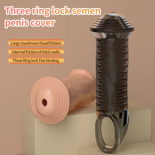 Three Cock Ring Penis Sleeve - Penis Enlarger Delay Ejaculation Sex Toy for Men