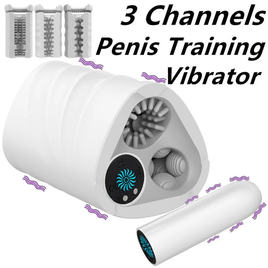 Vibrierender Taschenmuschi-Masturbator für Männer – 3 offene, lebensechte Vaginal-Penis-Massage-Sexspielzeug