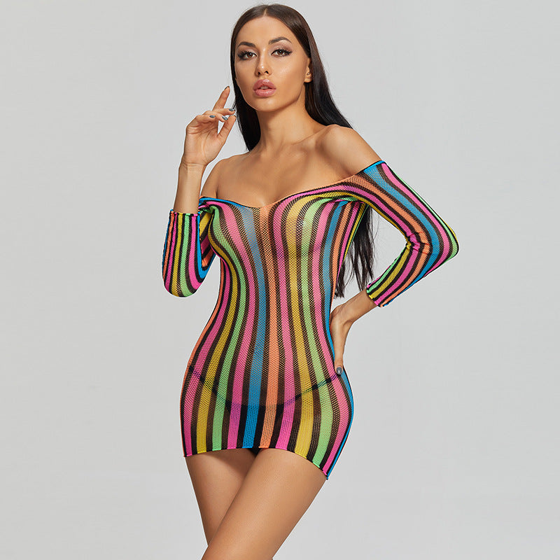 Rainbow Sensual Long Sleeve Bodystocking Mini Dress - Sexy Seductive Uniform for Bedroom Temptation