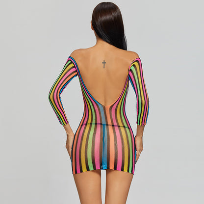 Rainbow Sensual Long Sleeve Bodystocking Mini Dress - Sexy Seductive Uniform for Bedroom Temptation