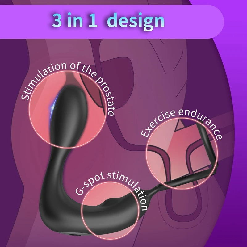 Jouet anal masculin télécommandé - Plug anal vibrant à double anneau pénien