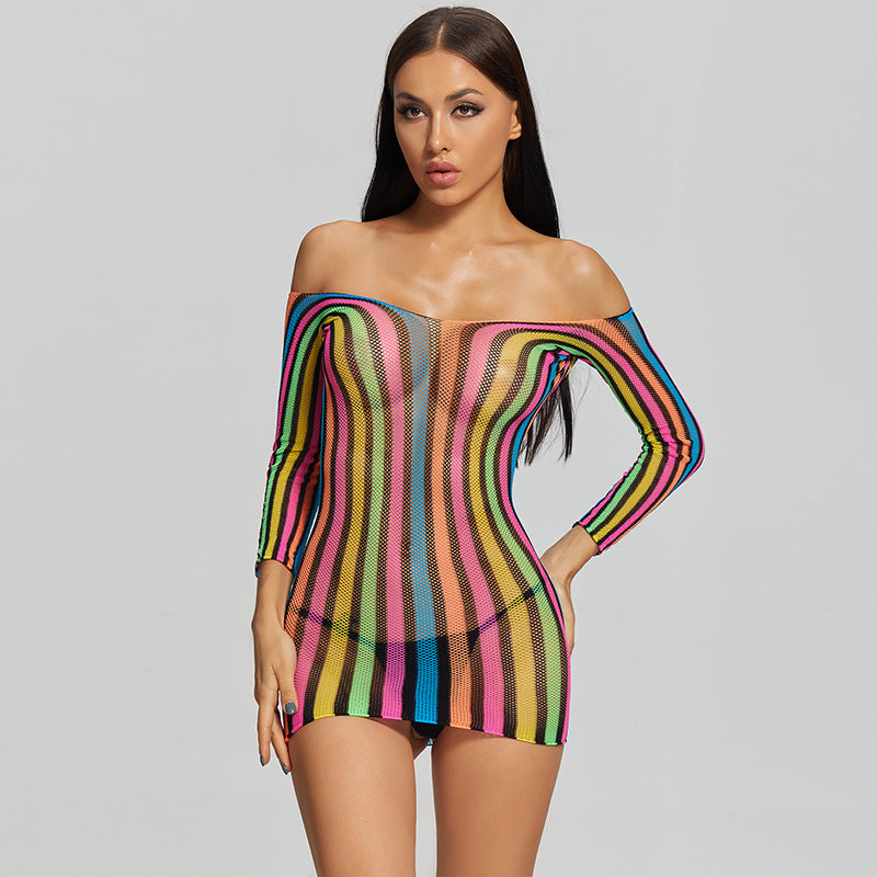 Rainbow Sensual Long Sleeve Bodystocking Mini Dress - Sexy Seductive Uniform for Bedroom Temptation