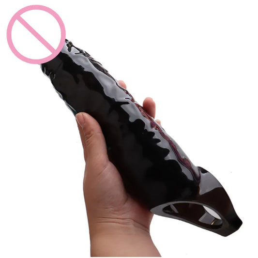 Realistischer schwarzer Dildo mit Penishülle – großer Penisverlängerer aus Silikon, dehnbares Sexspielzeug für Männer