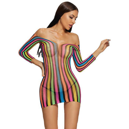 Rainbow Sensual Long Sleeve Bodystocking Mini Dress - Sexy Seductive Uniform for Bedroom Temptation