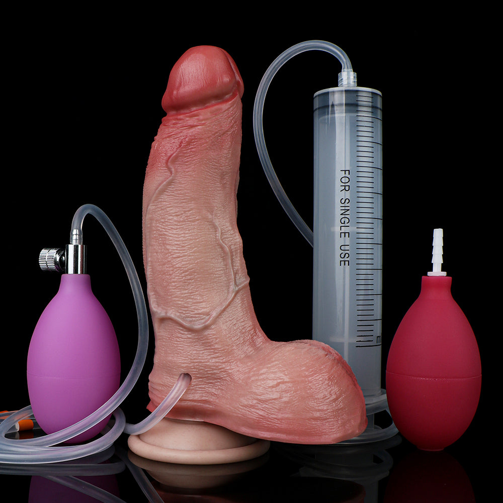 Trägerloser, realistischer Dildo mit aufblasbarem Analplug zum Spritzen – Analspielzeug aus Silikon mit Saugnapf für Frauen