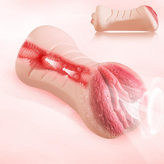 Realistic Pocket Pussy Male Masturbator - 2-in-1 Big Labia Vaginal Sex Oral Sucking Penis Massage