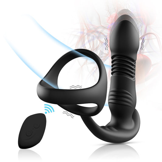 Fernbedienungs-Stoßdildo-Analvibrator - Doppelter Penisring für männliches Sexspielzeug