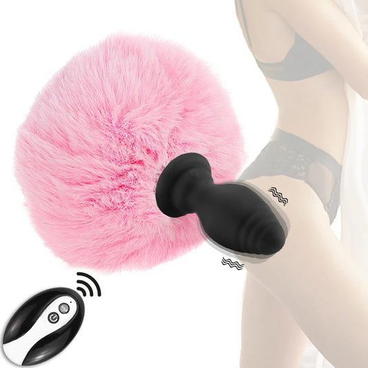 Bunny Tail Butt Plug – Fernbedienung, flauschiger Plüsch, vibrierender Butt Plug, erotisches Mädchen, Cosplay