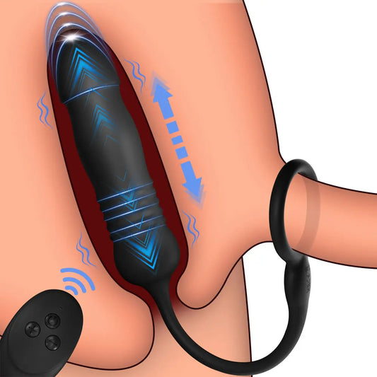 Plug anal avec gode à poussée télécommandé - Entraîneur d'éjaculation retardée avec anneau pénien